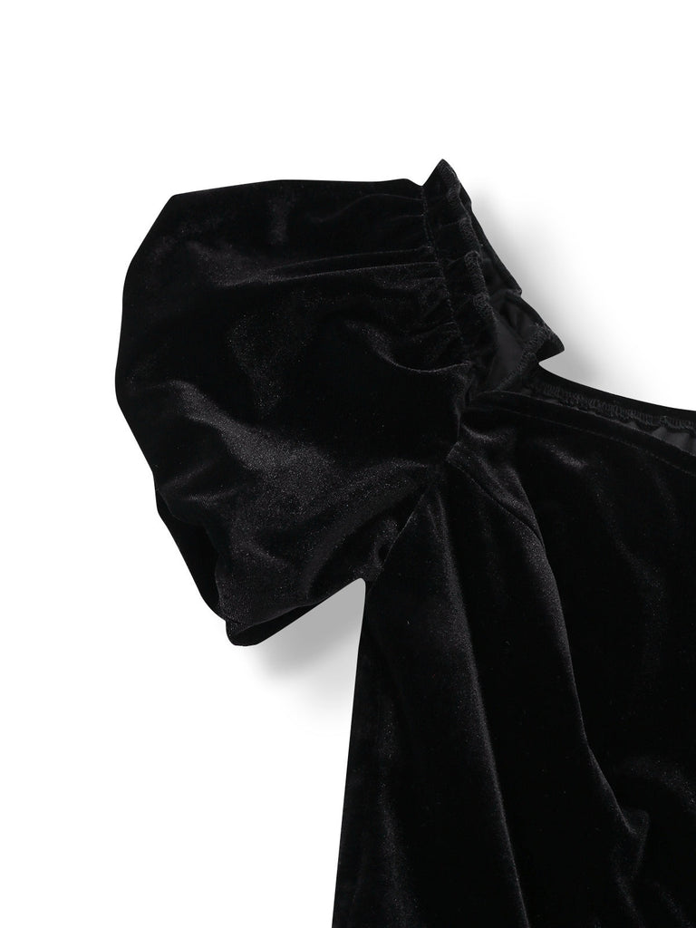 [Vorverkauf] Schwarz 1950er Samt Satin Schulterfrei Bogen Kleid