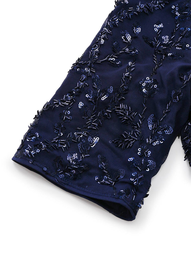 [Vorverkauf] Dunkelblau 1950er Satin Pailletten Besticktes Kleid