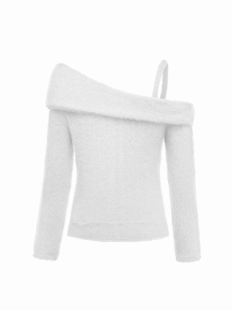 [Vorverkauf] Weiß 1960er Schulterfrei Plüsch Stricken Pullover