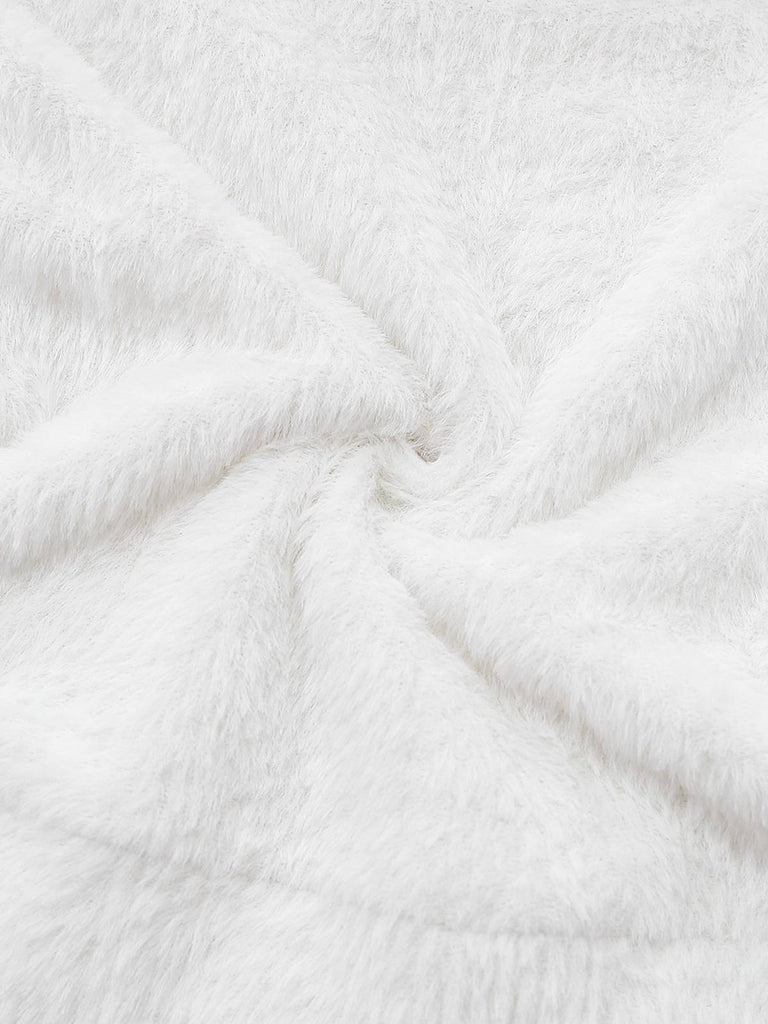 [Vorverkauf] Weiß 1960er Schulterfrei Plüsch Stricken Pullover