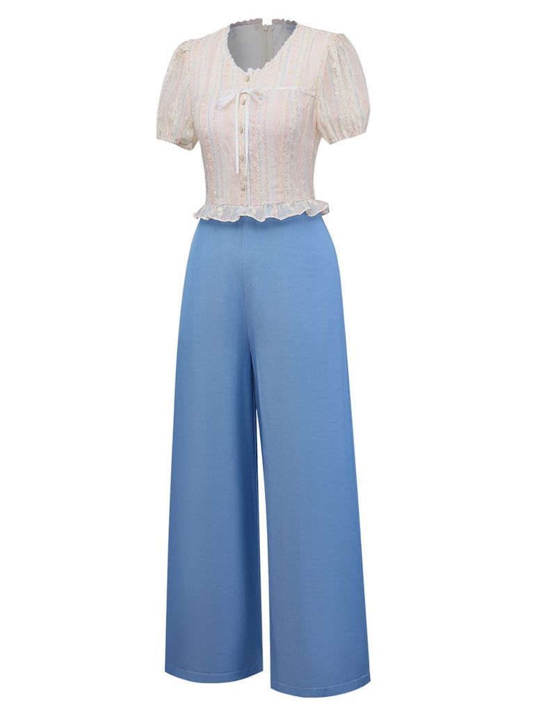 [Vorverkauf] Blau 1970er Blumen Besticktes Fliege Jumpsuit