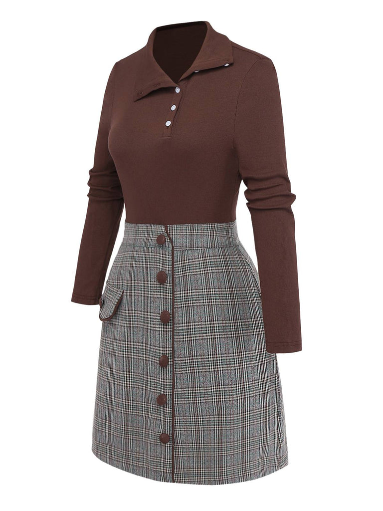 [Vorverkauf] Braun 1970er Stricken Kariert Asymmetrisch Hals Kleid