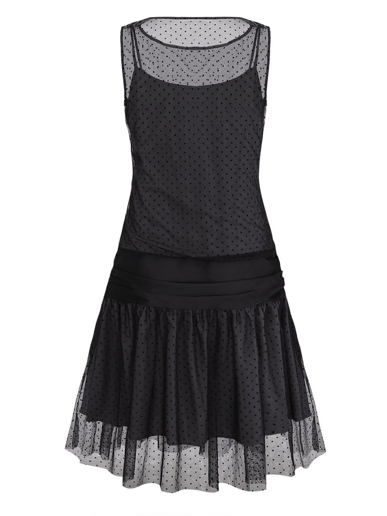 [Vorverkauf] Schwarz 1920er Polka Dot Netz Gerade Kleid