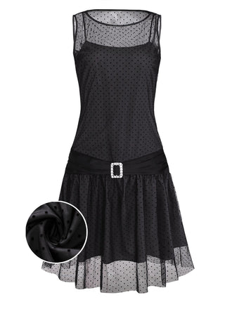 [Vorverkauf] Schwarz 1920er Polka Dot Netz Gerade Kleid