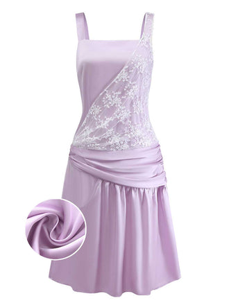 [Vorverkauf] Lila 1920er Blumen Besticktes Netz Satin Kleid