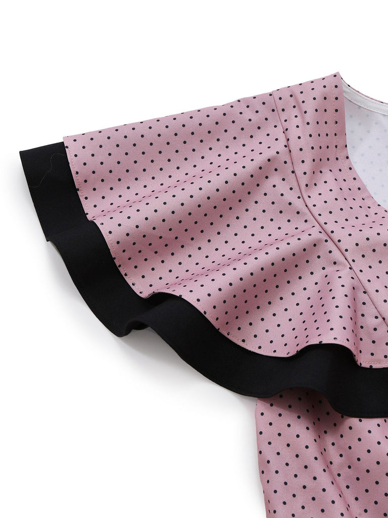 [Vorverkauf] Rosa & Schwarz 1930er Rüschen Punkt V-Ausschnitt Kleid