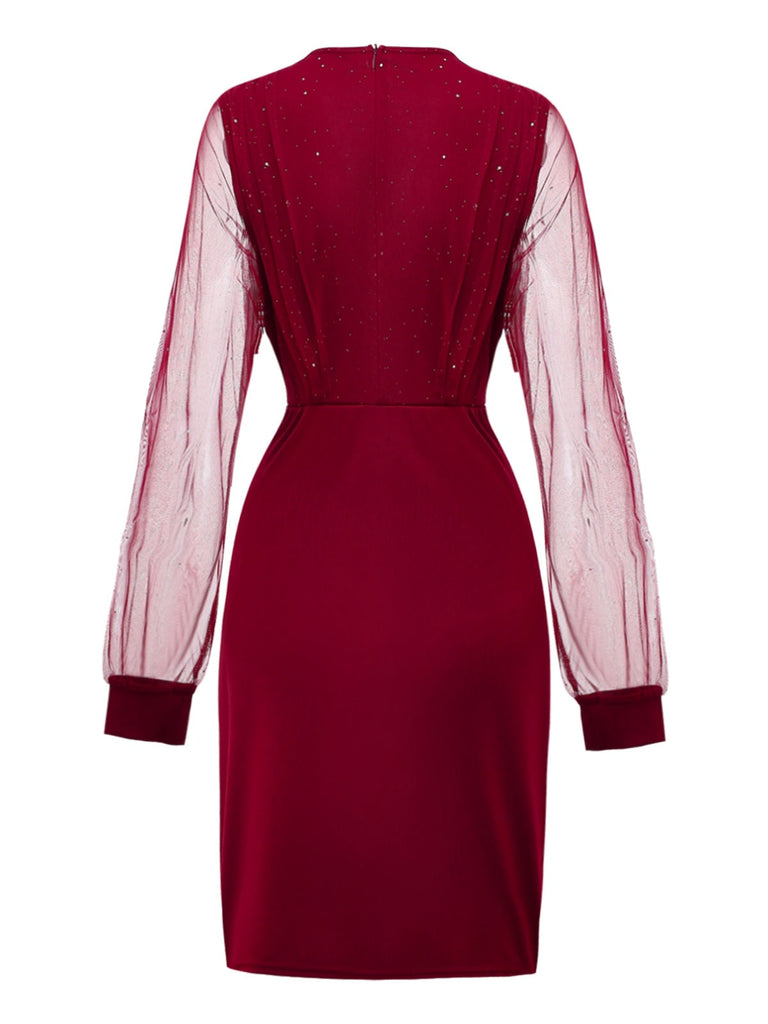 1960er Solide Glitzer V-Ausschnitt Netz Körperbetont Kleid