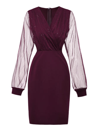 Rot 1960er Solide Glitzer V-Ausschnitt Netz Körperbetont Kleid