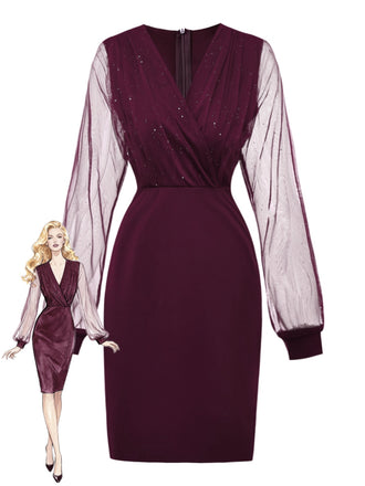 Rot 1960er Solide Glitzer V-Ausschnitt Netz Körperbetont Kleid