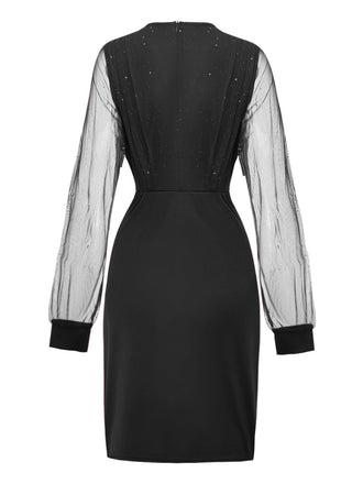 Schwarz 1960er Solide Glitzer V-Ausschnitt Netz Körperbetont Kleid