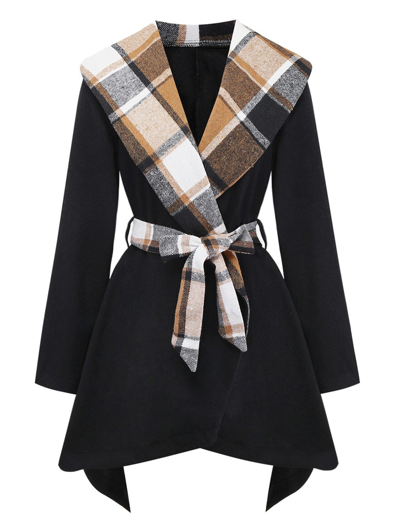 Schwarz 1960er Revers Kariert Kunstwolle Jacke