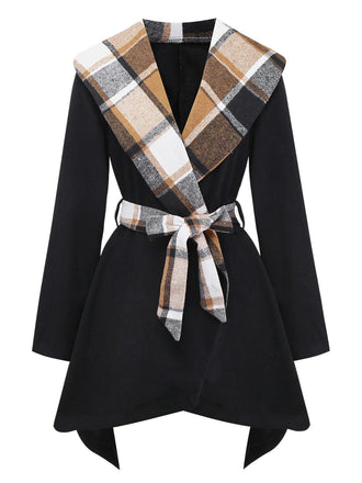 Schwarz 1960er Revers Kariert Kunstwolle Jacke