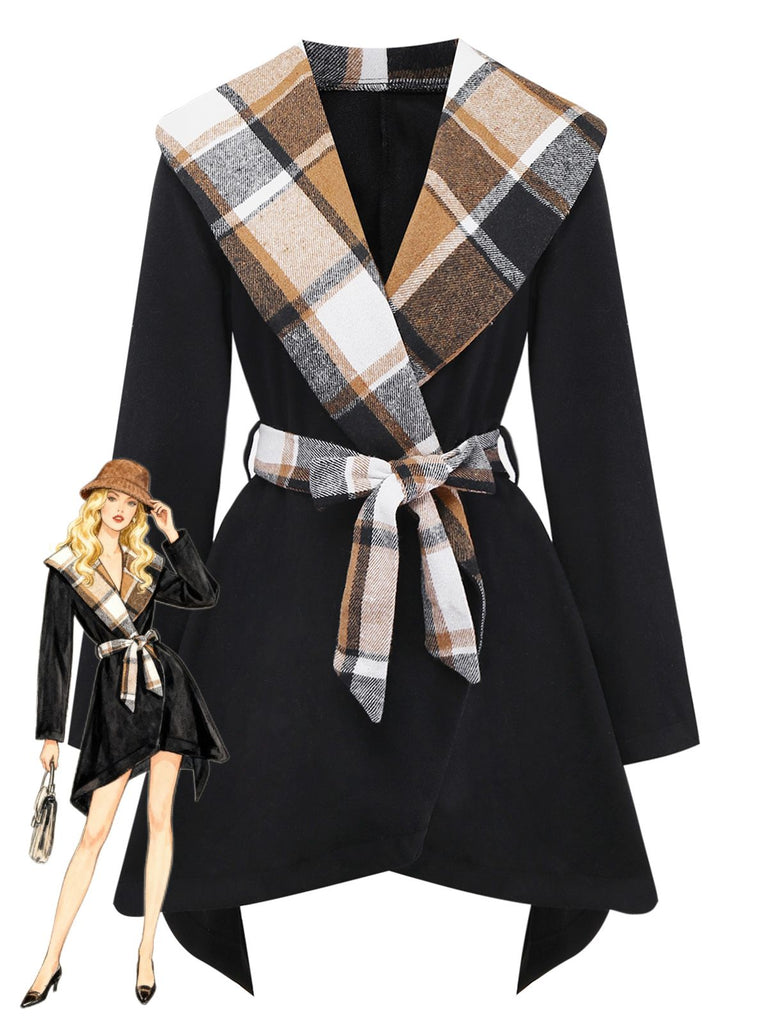 Schwarz 1960er Revers Kariert Kunstwolle Jacke