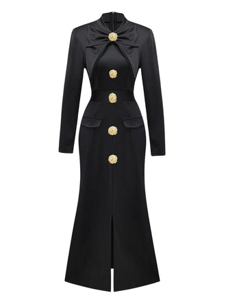 Schwarz 1930er Bogen Kragen Metall Taste Vorder Schlitz Kleid