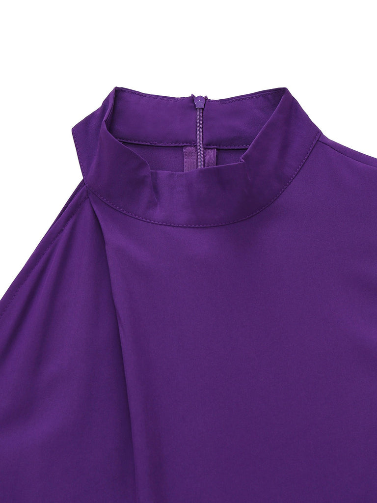 Lila 1980er Solide Unregelmäßig Ärmel Tailliert Jumpsuit