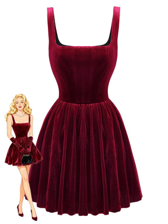 1970er Solide Quadratischer Hals Samt Mini Kleid