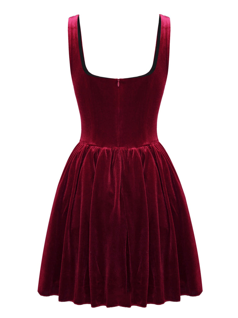 1970er Solide Quadratischer Hals Samt Mini Kleid