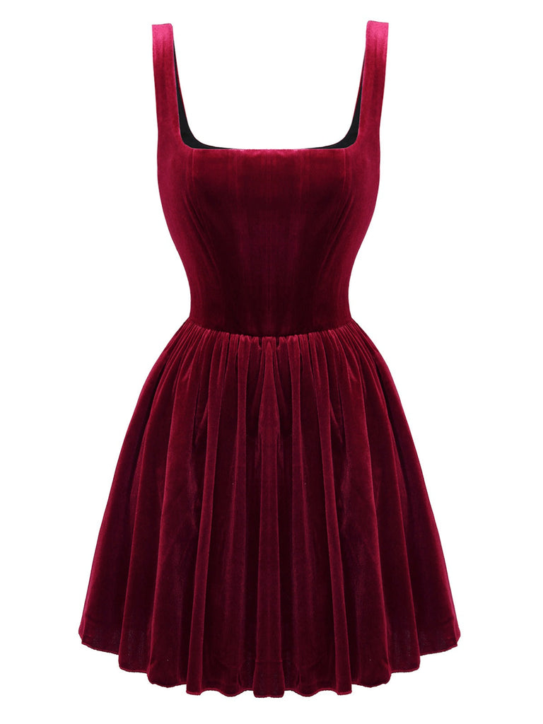 1970er Solide Quadratischer Hals Samt Mini Kleid