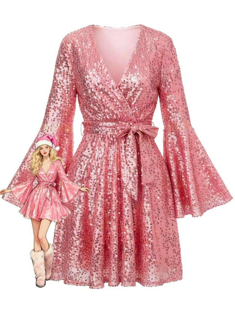 1970er V-Ausschnitt Schlagärmel Pailletten Disco Kleid