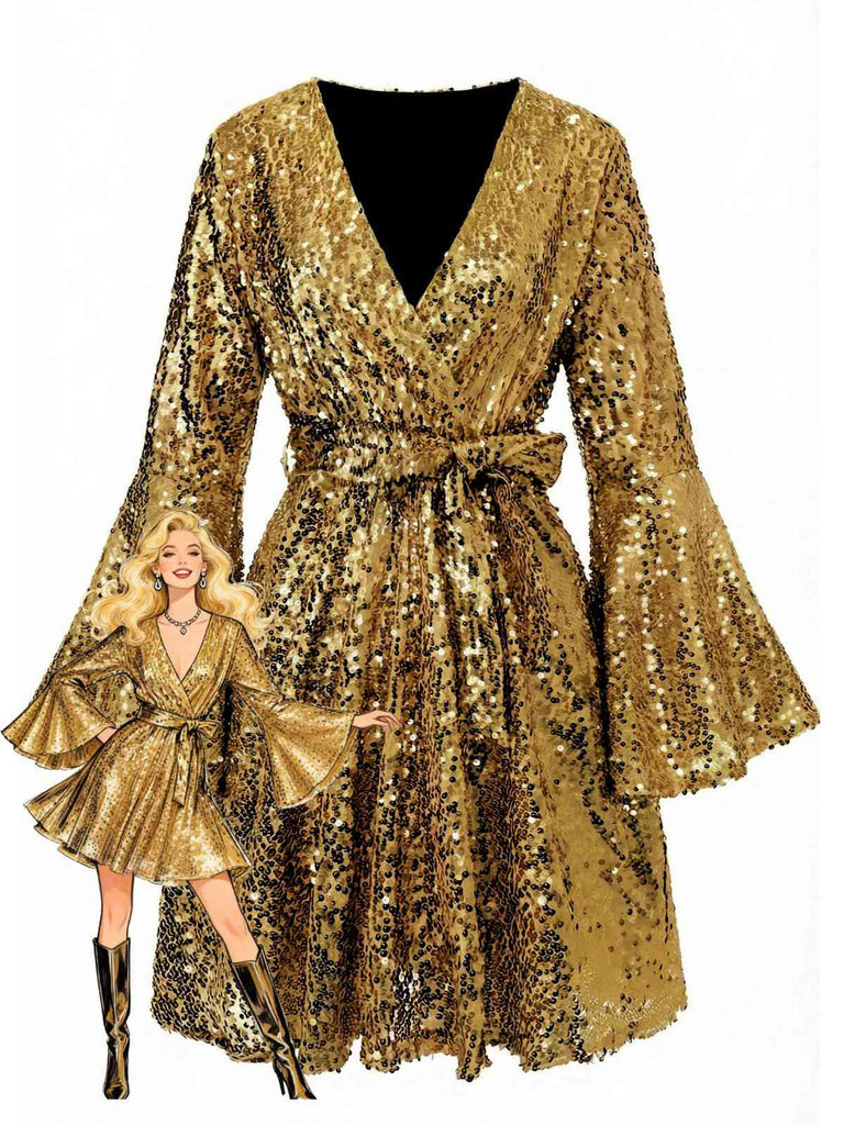Rosa 1970er V-Ausschnitt Schlagärmel Pailletten Disco Kleid