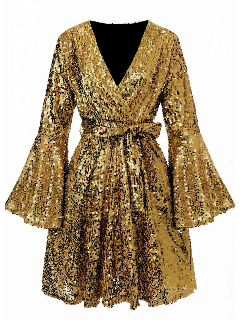 Rosa 1970er V-Ausschnitt Schlagärmel Pailletten Disco Kleid