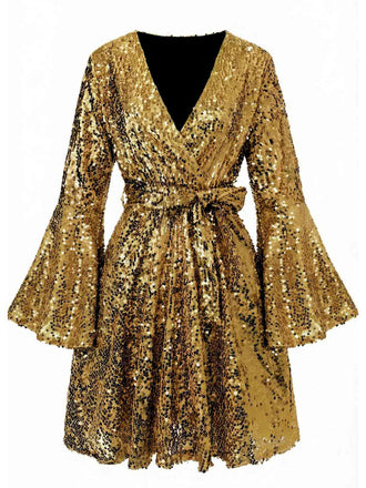 [Vorverkauf] Gold 1970er V-Ausschnitt Schlagärmel Pailletten Disco Kleid