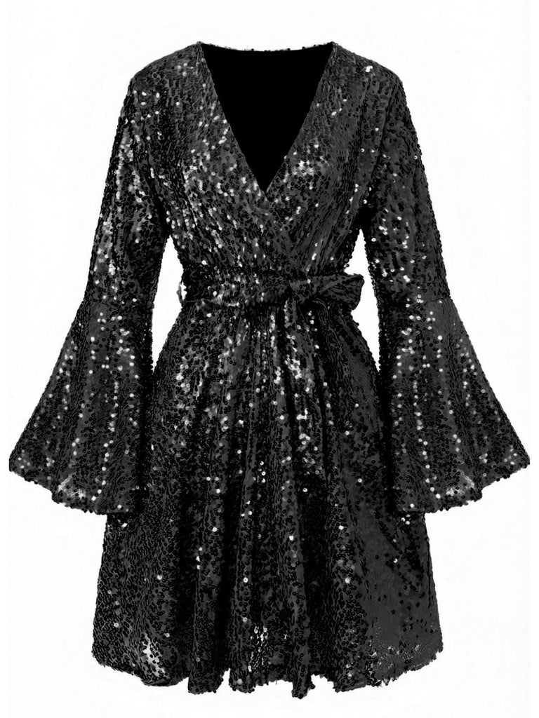 Rosa 1970er V-Ausschnitt Schlagärmel Pailletten Disco Kleid