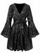 Rosa 1970er V-Ausschnitt Schlagärmel Pailletten Disco Kleid