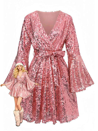 Rosa 1970er V-Ausschnitt Schlagärmel Pailletten Disco Kleid
