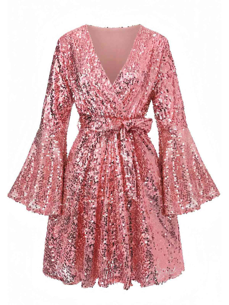 Rosa 1970er V-Ausschnitt Schlagärmel Pailletten Disco Kleid