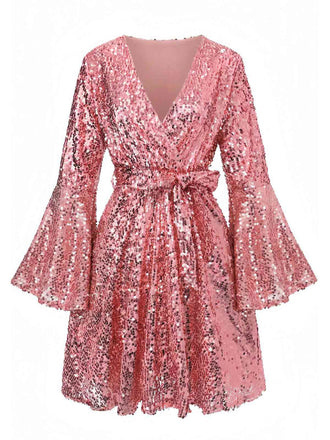 Rosa 1970er V-Ausschnitt Schlagärmel Pailletten Disco Kleid