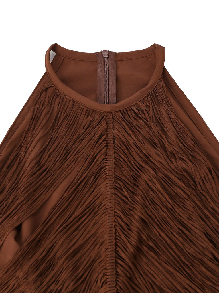 Kaffee 1920er Solide Fransen Halter Ärmellos Kleid