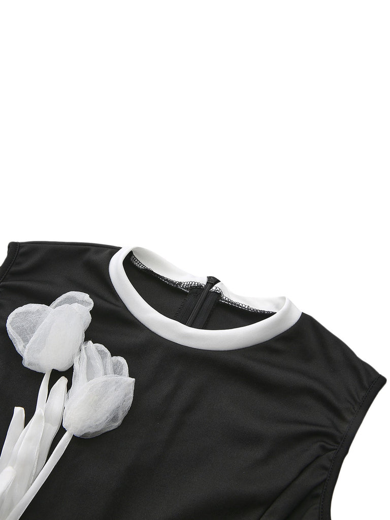 Schwarz 1950er 3D-Blumen Ärmellos Schnür Jumpsuit