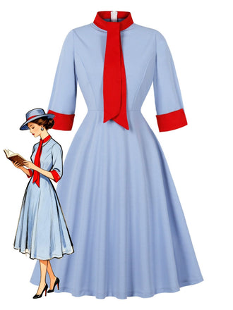 Blau 1950er Kontrast Bindehals Hoch Kragen Kleid