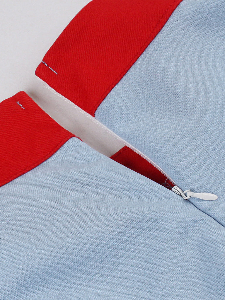 Blau 1950er Kontrast Bindehals Hoch Kragen Kleid