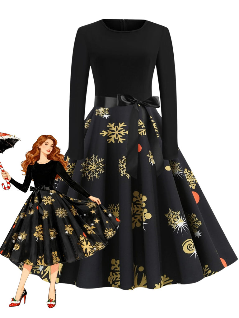 Schwarz 1950er Weihnachten Schneeflocke Schleife Gürtel Kleid