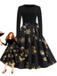Schwarz 1950er Weihnachten Schneeflocke Schleife Gürtel Kleid