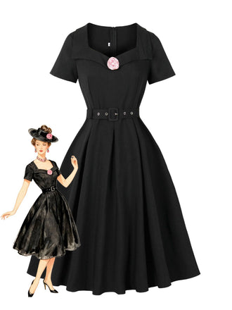 Schwarz 1950er Solide 3D Rose Revers Swing Kleid