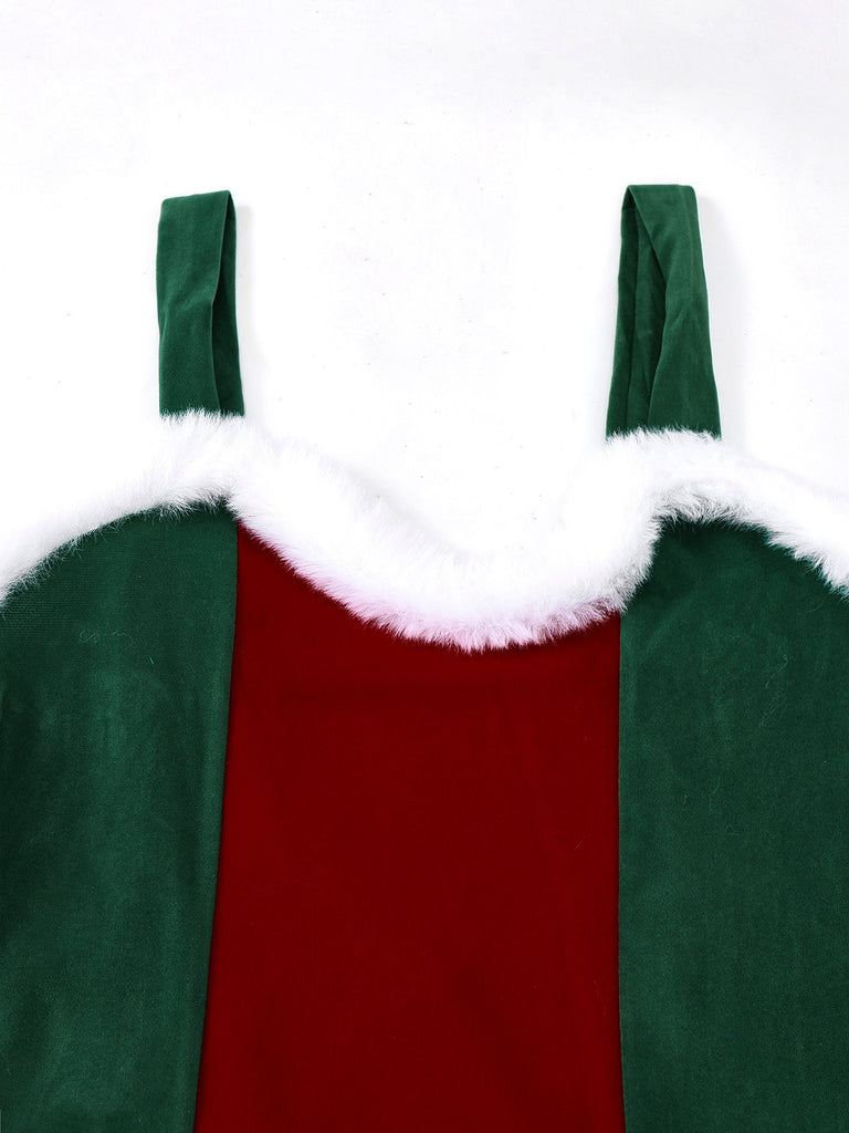 Rot & Grün 1960er Weihnachten Plüsch Trim Kleid Set
