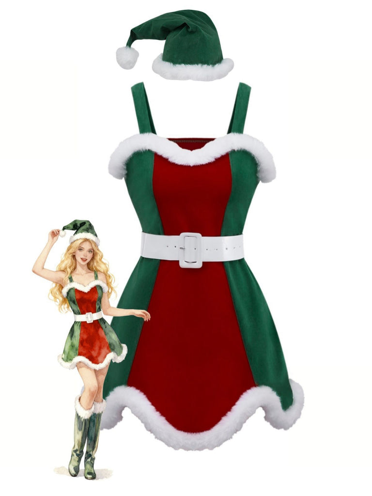 Rot & Grün 1960er Weihnachten Plüsch Trim Kleid Set