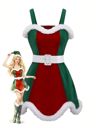 Rot & Grün 1960er Weihnachten Plüsch Trim Kleid Set