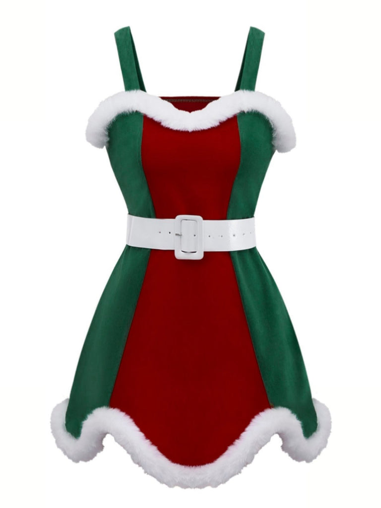 Rot & Grün 1960er Weihnachten Plüsch Trim Kleid Set