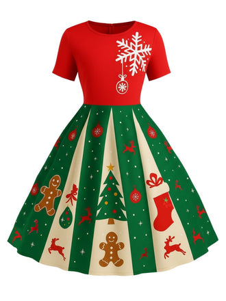 [Vorverkauf] [Übergröße] Rot & Grün 1950er Weihnachten Schneeflocke Swing Kleid