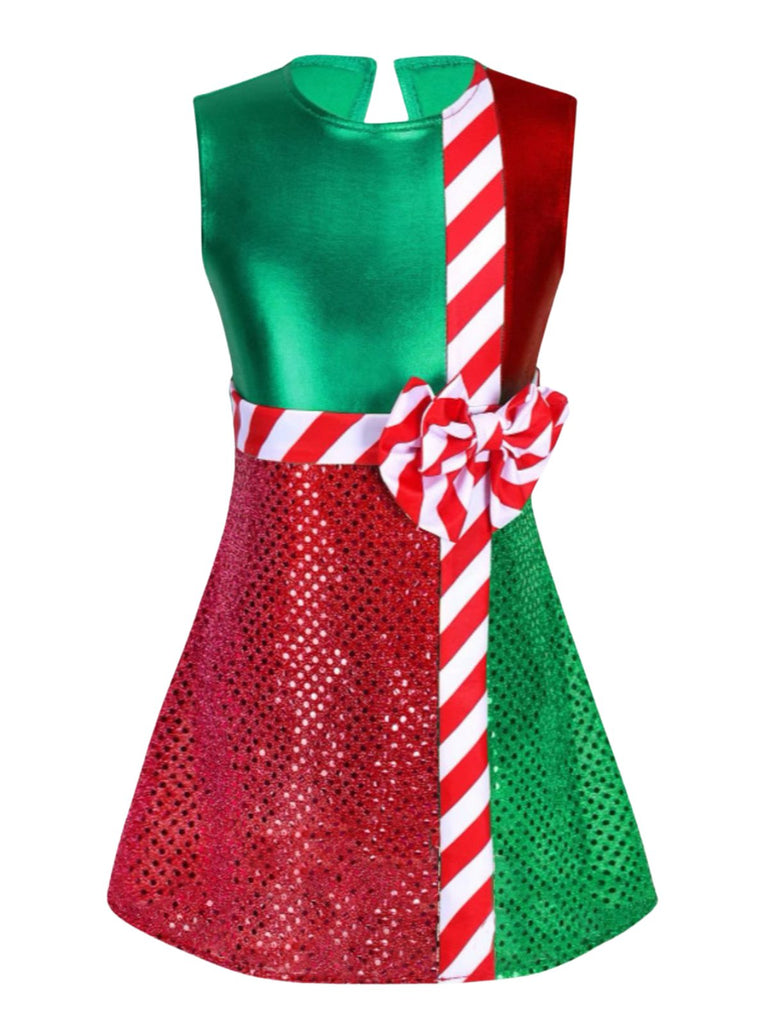 [Vorverkauf] 1950er Weihnachten Streifen Bogen Metallisch Pailletten Patchwork Kleid