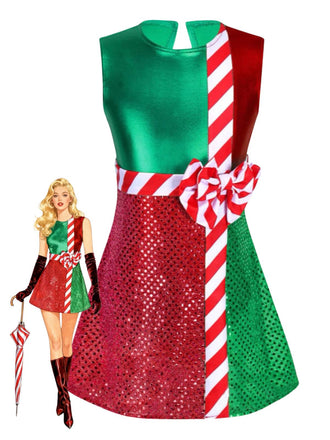 [Vorverkauf] 1950er Weihnachten Streifen Bogen Metallisch Pailletten Patchwork Kleid