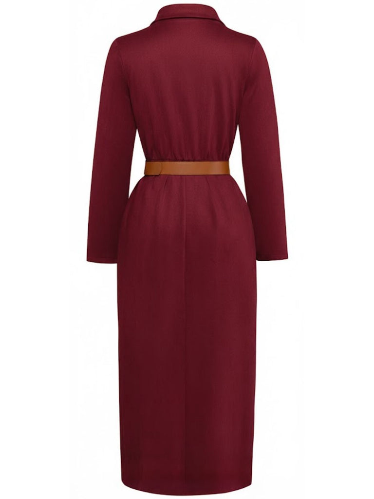 1930er Wildleder Knopf Vorne Gürtel Hemd Kleid