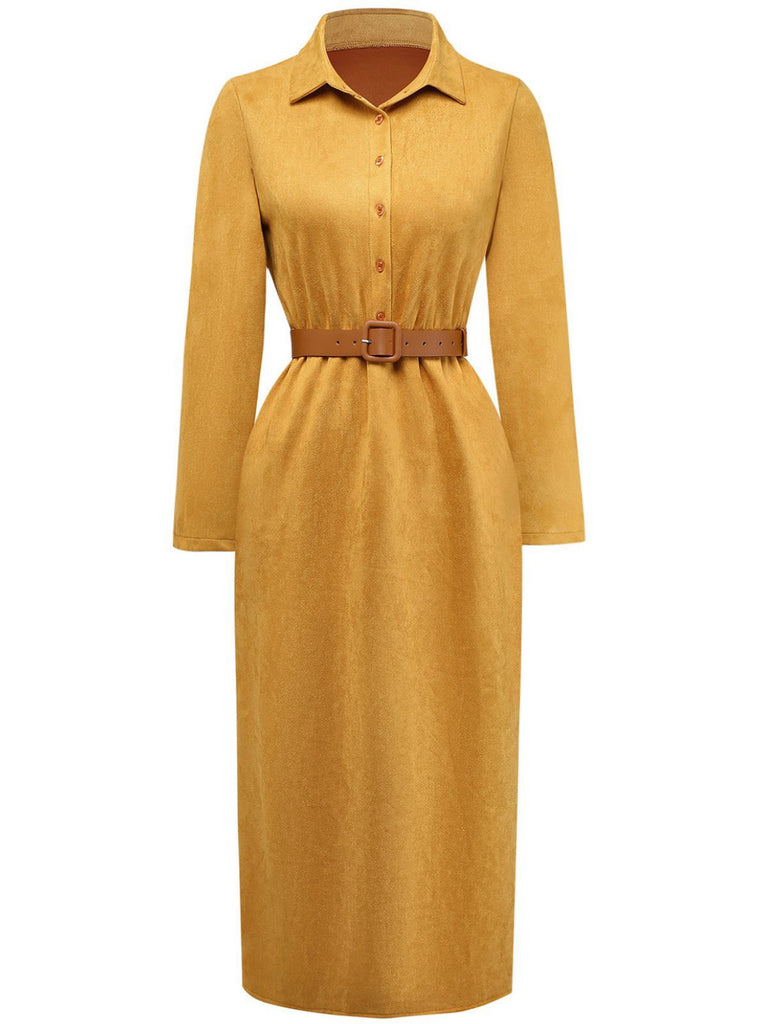 1930er Wildleder Knopf Vorne Gürtel Hemd Kleid