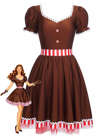 [Vorverkauf] Rot 1950er Lebkuchenmann Streifen Patchwork Kleid