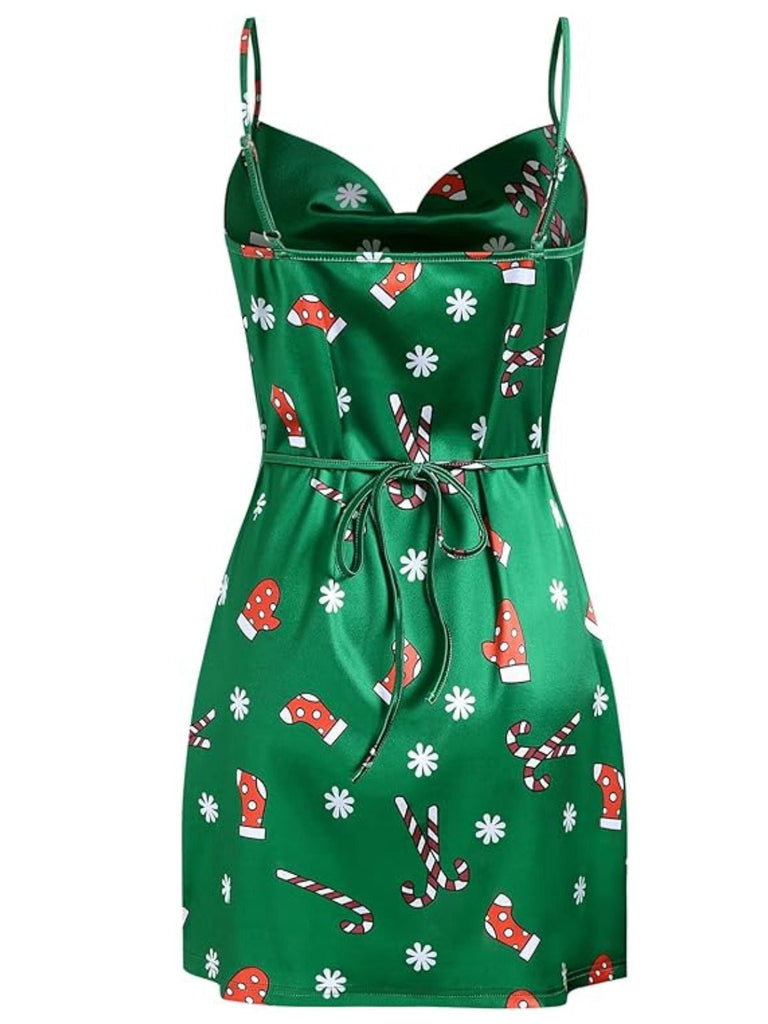 [Vorverkauf] Grün 1960er Weihnachten Wasserfallausschnitt Slip Kleid