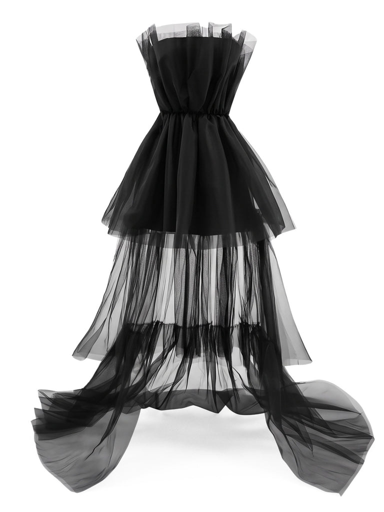 Schwarzes trägerloses 80er Meshkleid in Schleifenoptik mit Vokuhila-Saum